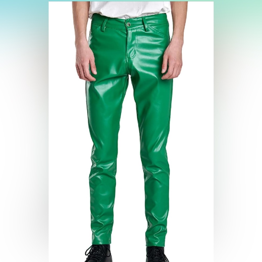 Men’s shiny wet faux leather pants.